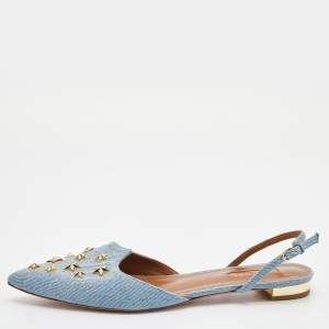 Pre Owned Aquazzura Blue Denim Nairobi Pointed-Toe Slingback Flats Size 39
