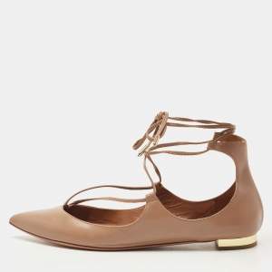 Pre Owned Aquazzura Beige Leather Christy Tie Up Pointed Toe Ballet Flats Size 39.5