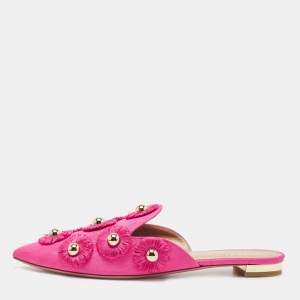 Pre Owned Aquazzura Pink Fabric Studded Sunflower Flat Mules Size 37