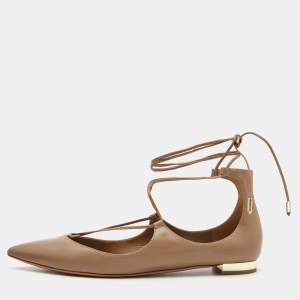 Pre Owned Aquazzura Beige Leather Christy Ballet Flats Size 38.5