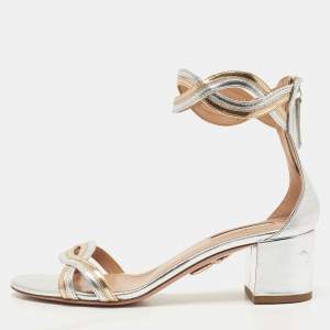 Pre Owned Aquazzura Silver/Gold Leather Moon Ray Sandals Size 36