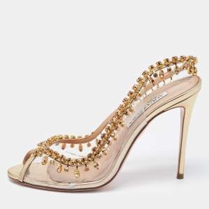 Aquazzura Gold Leather and PVC Temptation  Slingback Pump Size 37.5