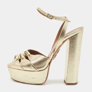Pre Owned Aquazzura Metallic Gold Leather Platform Ankle Strap Sandals Size 38