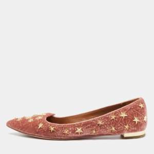 Pre Owned Aquazzura Pink Velvet Cosmic Star Ballet Flats Size 36