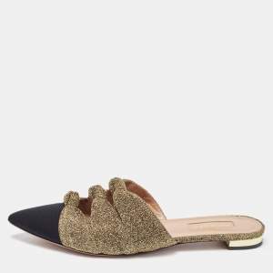 Pre Owned Aquazzura Gold/Black Glitter Fabric and Canvas Mondaine Mules Size 37.5