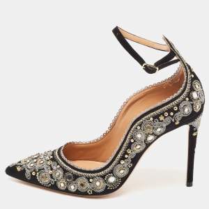 Pre Owned Aquazzura Black Suede Embroidered Jaipur Pumps Size 37