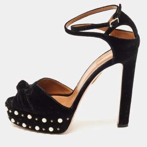 Pre Owned Aquazzura Black Knotted Velvet Harlow Embellished Platform Sandals Size 41