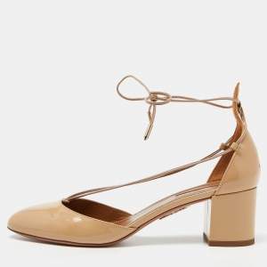 Pre Owned Aquazzura Beige Patent Leather Alexa Block Heel Pumps Size 39