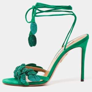 Pre Owned Aquazzura Green Suede Galactic Flower Ankle Tie Sandals Size 38