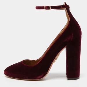 Pre Owned Aquazzura Burgundy Velvet Alix Ankle Strap Block Heel Pumps Size 40