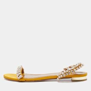 Pre Owned Aquazzura Yellow Satin Crystal Embellished Slide Flats Size 38