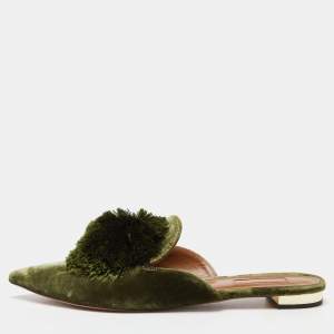 Pre Owned Aquazzura Green Velvet Powder Puff Pom Pom Flat Mules Size 40