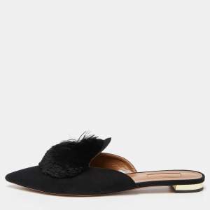 Pre Owned Aquazzura Black Suede Powder Puff Pom Pom Mules Size 39.5