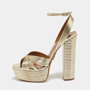 Pre Owned Aquazzura Metallic Gold Foil Leather Nathalie Platform Ankle Wrap Sandals Size 38.5
