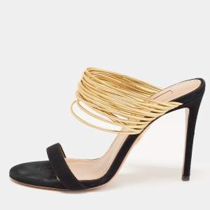 Pre Owned Aquazzura Black/Gold Suede and Leather Rendez Vous Sandals Size 36.5