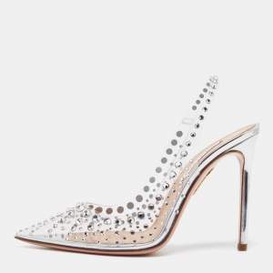 Aquazzura Silver PVC Stardust Embellished Slingback Pumps Size 38
