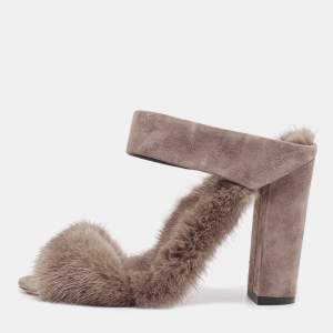 Pre Owned Aquazzura Grey Suede and Fur Ankle Strap Sandals Size 38