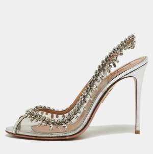 Pre Owned Aquazzura Silver PVC and Leather Temptation Crystals Embellished Slingback Sandals Size 40.5