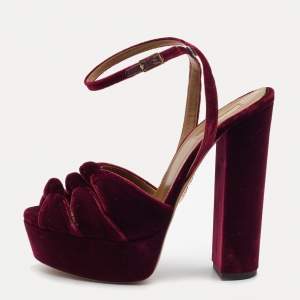 Pre Owned Aquazzura Burgundy Velvet Mira Platform Ankle Wrap Sandals Size 38.5