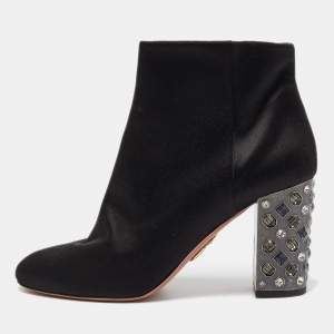 Pre Owned Aquazzura Black Satin Party Embellished Heel Ankle Boots Size 41