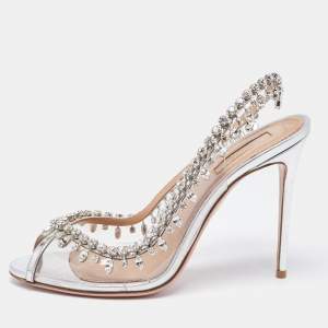 Aquazzura Silver Leather and  PVC Crystal Embellished Temptation Sandals Size 38.5