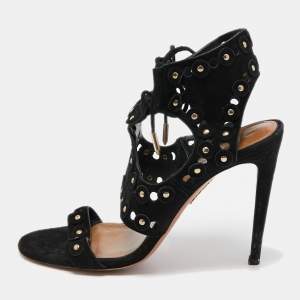 Pre Owned Aquazzura Black Studded Suede Rebel Cutout Ankle Wrap Sandals Size 38