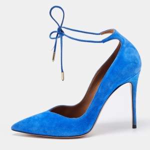 Pre Owned Aquazzura Blue Suede Pointed Toe Ankle Wrap Pumps Size 37.5