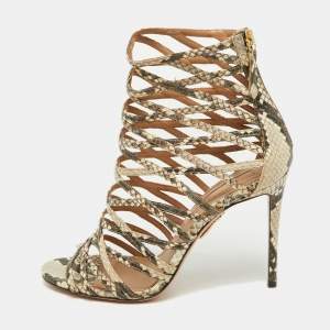 Aquazzura Beige/Brown Python Embossed Leather Knockout Sandals Size 37.5