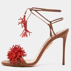 Aquazzura Brown Leather Panarea Beaded Ankle Tie Sandals Size 38.5