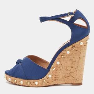 Aquazzura Blue Grosgrain Embellished Harlow Wedge Sandals Size 41