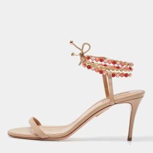 Pre Owned Aquazzura Beige Leather Livia Ankle Tie Sandals Size 38