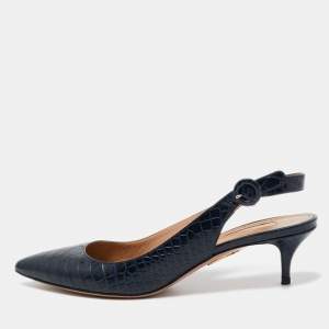 Pre Owned Aquazzura Navy Blue Crocodile Slingback Pumps Size 40