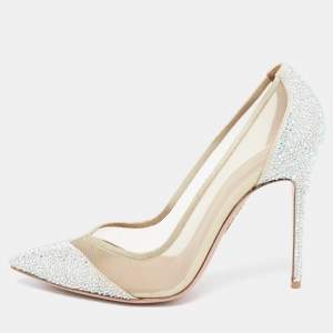 Pre Owned Aquazzura Beige/Silver Glitter and Mesh Studded Pointed Toe Pumps  Size 38