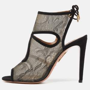 Pre Owned Aquazzura Black Lace and Suede Sexy Thing Sandals Size 38