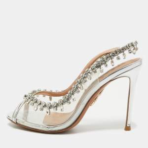Aquazzura Silver Leather and PVC Temptation Slingback Pumps Size 37
