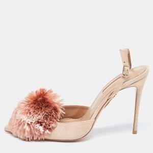Pre Owned Aquazzura Beige Suede Pom Pom Pointed Toe Ankle Strap Pumps Size 38