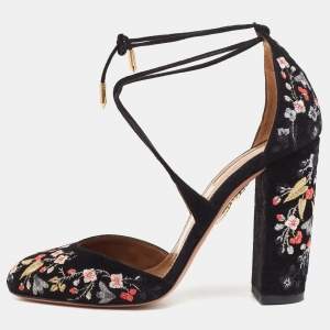 Pre Owned Aquazzura Black Suede Karlie Embroidered Block Heel Pumps Size 37