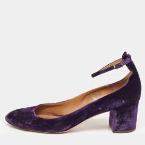 Pre Owned Aquazzura Purple Velvet Block Heel Ankle Strap Pumps Size 40.5