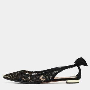 Pre Owned Aquazzura Black Mesh and Suede Bow Tie Flats Size 38