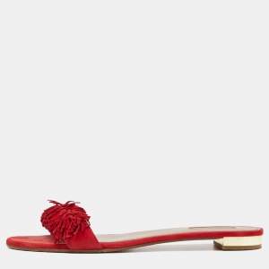Pre Owned Aquazzura Red Suede Fringe Flat Slides Size 41  