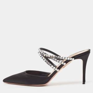 Pre Owned Aquazzura Black Satin Crystal Embellished Mules Size 40.5