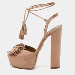 Pre Owned Aquazzura Pink Suede Platform Ankle Wrap Sandals Size 39.5