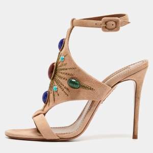 Aquazzura Beige Suede Embroidered and Studded T-Bar Ankle Strap Sandals Size 37