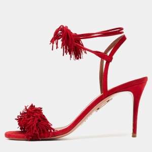 Pre Owned Aquazzura Red Fringed Suede Wild Thing Ankle Wrap Sandals Size 39