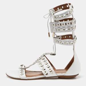 Aquazzura White Studded Leather Strappy Gladiator Flat Sandals Size 37