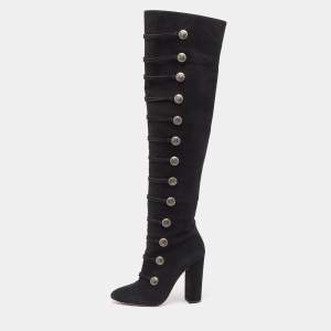 Aquazzura Black Suede Buttons Embellished Over The Knee Boots Size 39