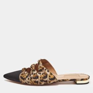 Aquazzura Black/Beige Leopard Print Fabric Mondaine Mules Size 38