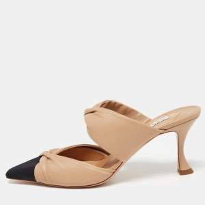 Aquazzura Beige/Black Leather and Grosgrain Twist Puffy Mules Size 41