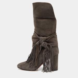 Aquazzura Grey Suede Fringe Details Mid Calf Block Heel Boots Size 39