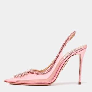 Pre Owned Aquazzura Pink PVC and Leather Seduction Crystals Slingback Pumps Size 39